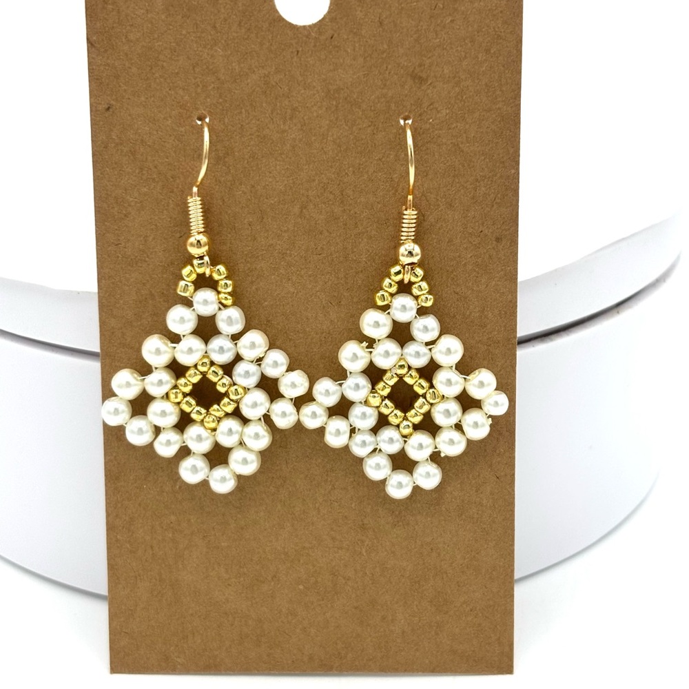 Hand Crafted Gold and White Pearl Earrings